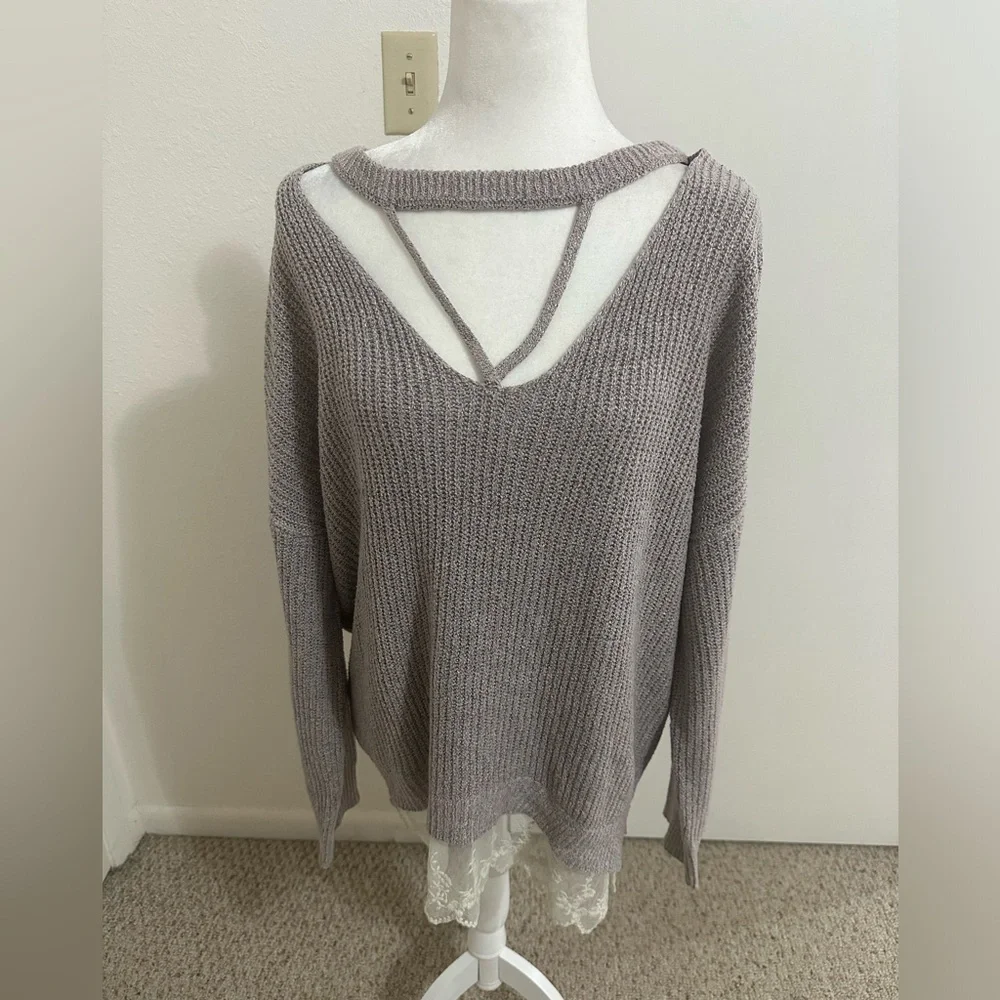 Moral fiber women’s knit tunic crisscross neckline lace hem boho size XXL